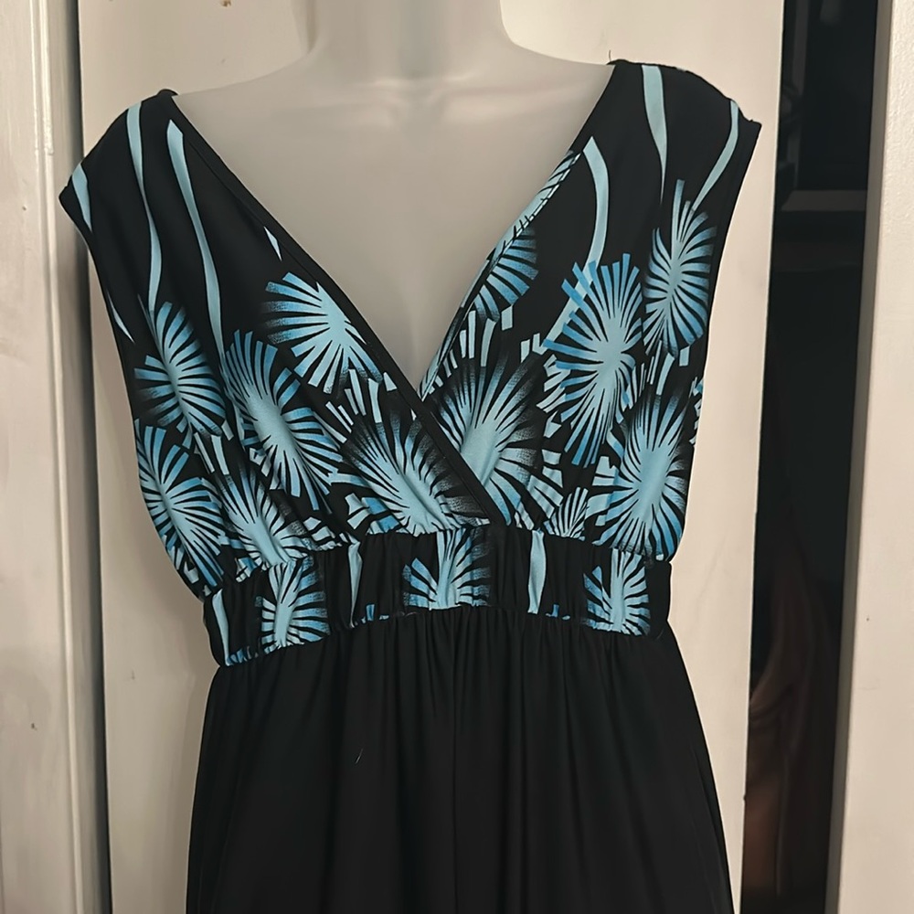 Turquoise black v neck  sundress, silky rayon material very comfortable very li
